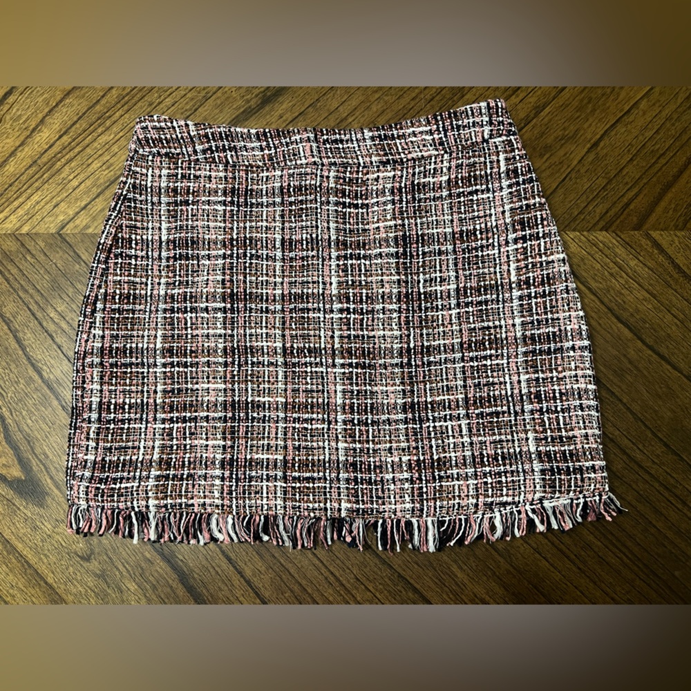 Forever 21 Pink Black Multicolor Plaid Tweed Frayed Hem Preppy Mini Skirt Medium